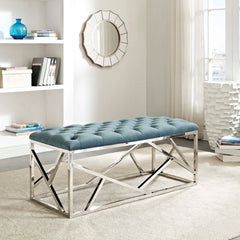 Bedroom Bench, Sea Blue Tufted Velvet, Silver Metal Legs