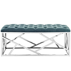 Bedroom Bench, Sea Blue Tufted Velvet, Silver Metal Legs