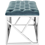 Bedroom Bench, Sea Blue Tufted Velvet, Silver Metal Legs