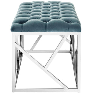 Bedroom Bench, Sea Blue Tufted Velvet, Silver Metal Legs