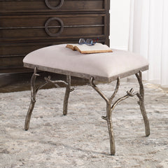 Bedroom Bench, Seats 2 in Off-White Polyester with Metal Legs