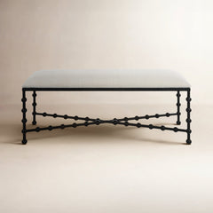 Bedroom Bench, Seats 2, White and Black Upholstered Metal Frame