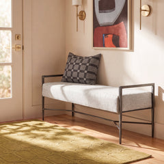 Bedroom Bench, Seats Two, Herringbone Fabric, Antique Nickel Frame