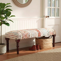 Bedroom Bench, Solid Acacia Wood, Ivory Cotton Upholstery, Brown Legs