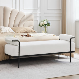 Bedroom Bench, White Corduroy Upholstery, Metal Frame, Black Legs