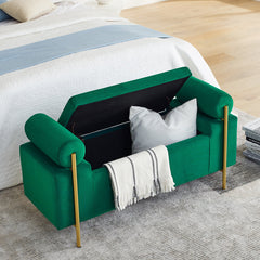 Bedroom Bench with Flip-Top Storage, Green Velvet with Iron Legs