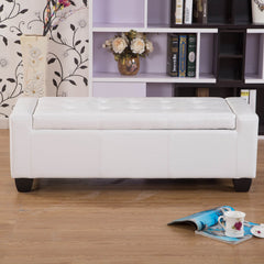 Bedroom Bench with Storage, White Faux Leather with Solid Wood Legs