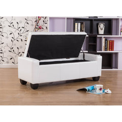 Bedroom Bench with Storage, White Faux Leather with Solid Wood Legs