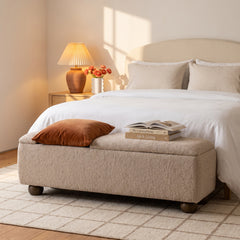 Bedroom Storage Bench, Boucle in Sand with Dark Hazel Legs