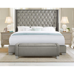 Bedroom Storage Bench in Dark Gray Velvet with Nailhead Trim