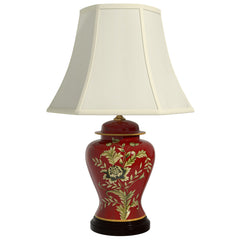 Bedside Lamp, Porcelain Base, Red with Ivory Shade