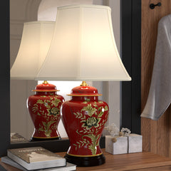 Bedside Lamp, Porcelain Base, Red with Ivory Shade