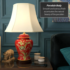 Bedside Lamp, Porcelain Base, Red with Ivory Shade