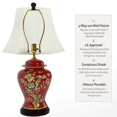 Bedside Lamp, Porcelain Base, Red with Ivory Shade