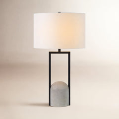 Bedside Lamp with White Cotton Drum Shade, Black and Gray Concrete Base