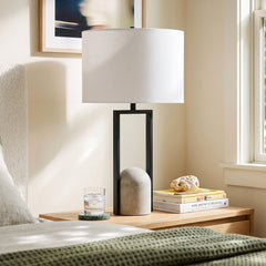 Bedside Lamp with White Cotton Drum Shade, Black and Gray Concrete Base