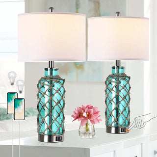 Bedside Table Lamp, Blue Glass Bottle with White Drum Shade