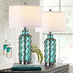 Bedside Table Lamp, Blue Glass Bottle with White Drum Shade