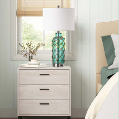 Bedside Table Lamp, Blue Glass Bottle with White Drum Shade