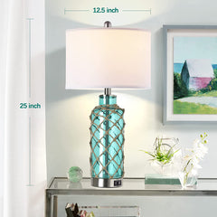 Bedside Table Lamp, Blue Glass Bottle with White Drum Shade