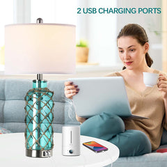 Bedside Table Lamp, Blue Glass Bottle with White Drum Shade