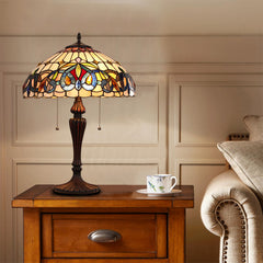 Bedside Table Lamp, Stained Glass Dome Shade in Multicolor with Dark Bronze Base