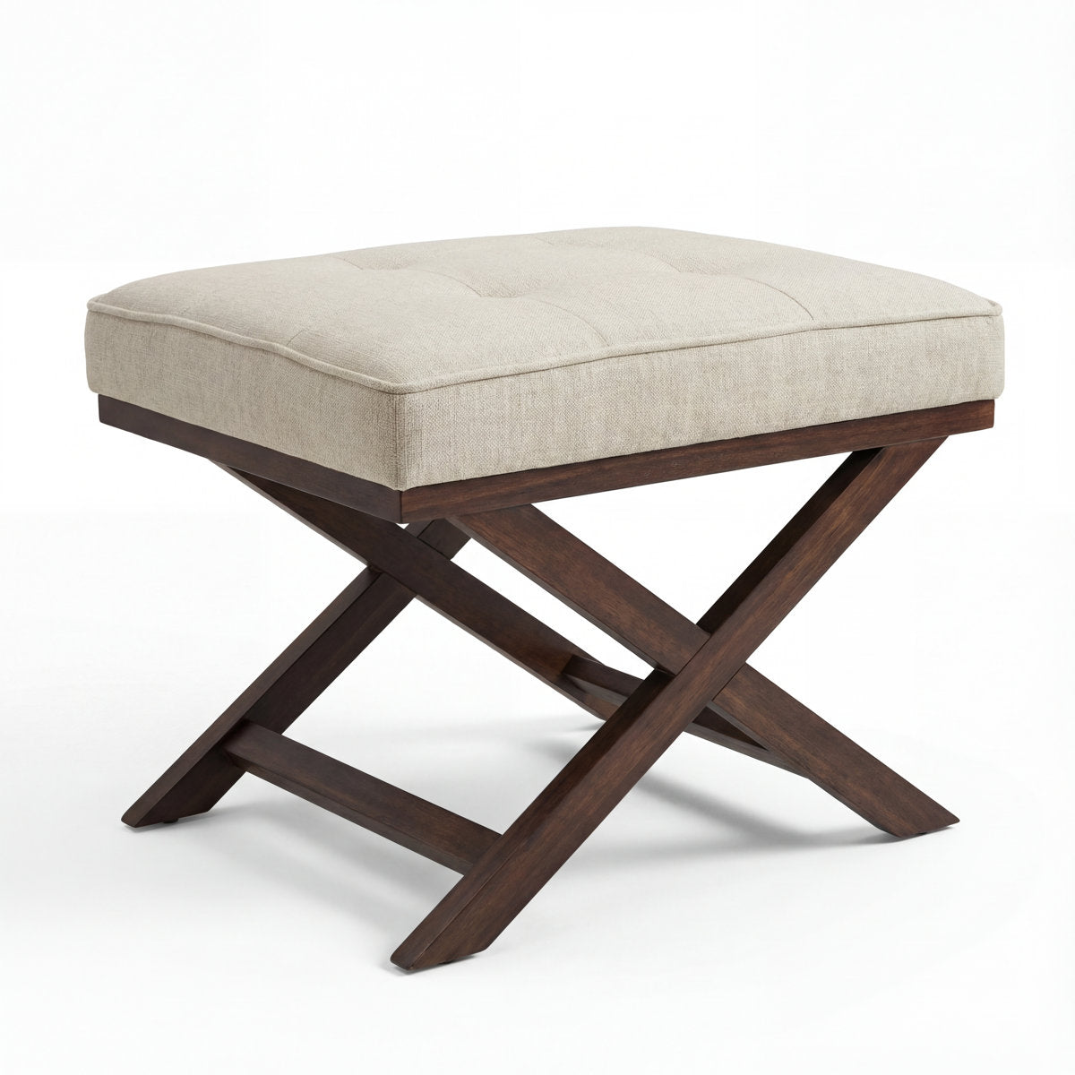 Bench Ottoman, Beige Linen Blend with Wood Legs
