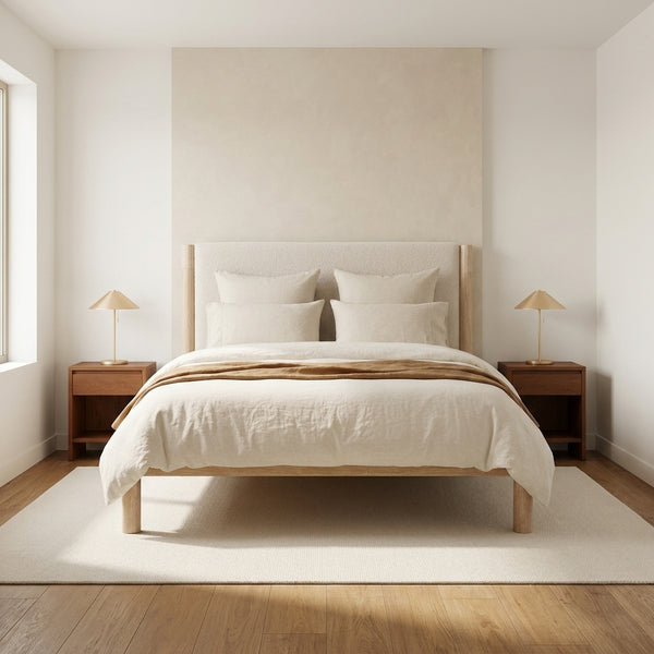 Grevane Besan Solid Wood Boucle Upholstered Headboard Bed Frame