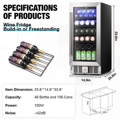 Beverage Cooler, Freestanding/Built-In, 14.96 Inch Wide, Black