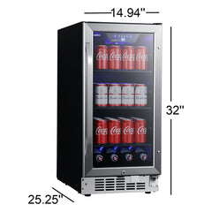 Beverage Refrigerator, Convertible, 80 Cans, Glass Door, 14.94 Inch Wide