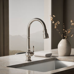 Kohler Artifacts Touchless Pull Down Kitchen Sink Faucet with Three-Function Sprayhead in Vibrant Stainless | product photo