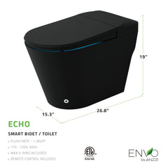 Bidet Toilet, Echo, Elongated, Comfort Height, Floor Mounted, Matte Black