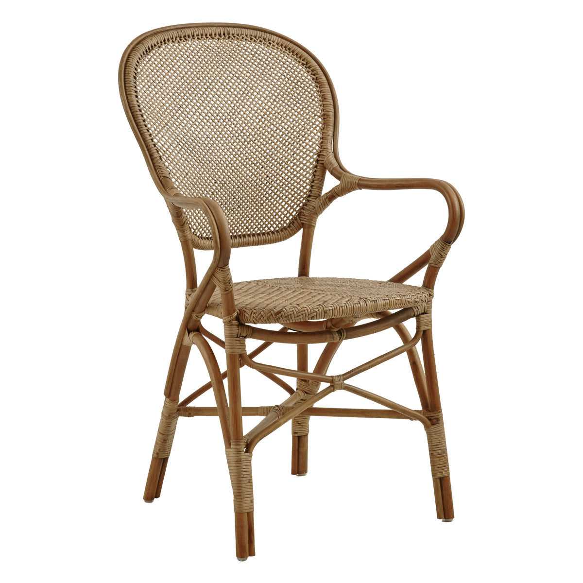 Bistro Armchair, Natural Rattan Frame, Arched Round Back, Antique