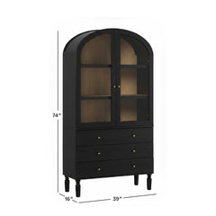 Book Cabinet with Glass Doors and 3 Drawers in Black