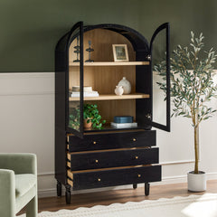 Book Cabinet with Glass Doors and 3 Drawers in Black