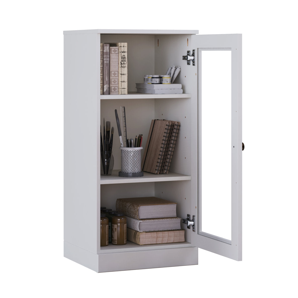 Bookcase, 3 Shelves, White Solid Pine with Glass Doors