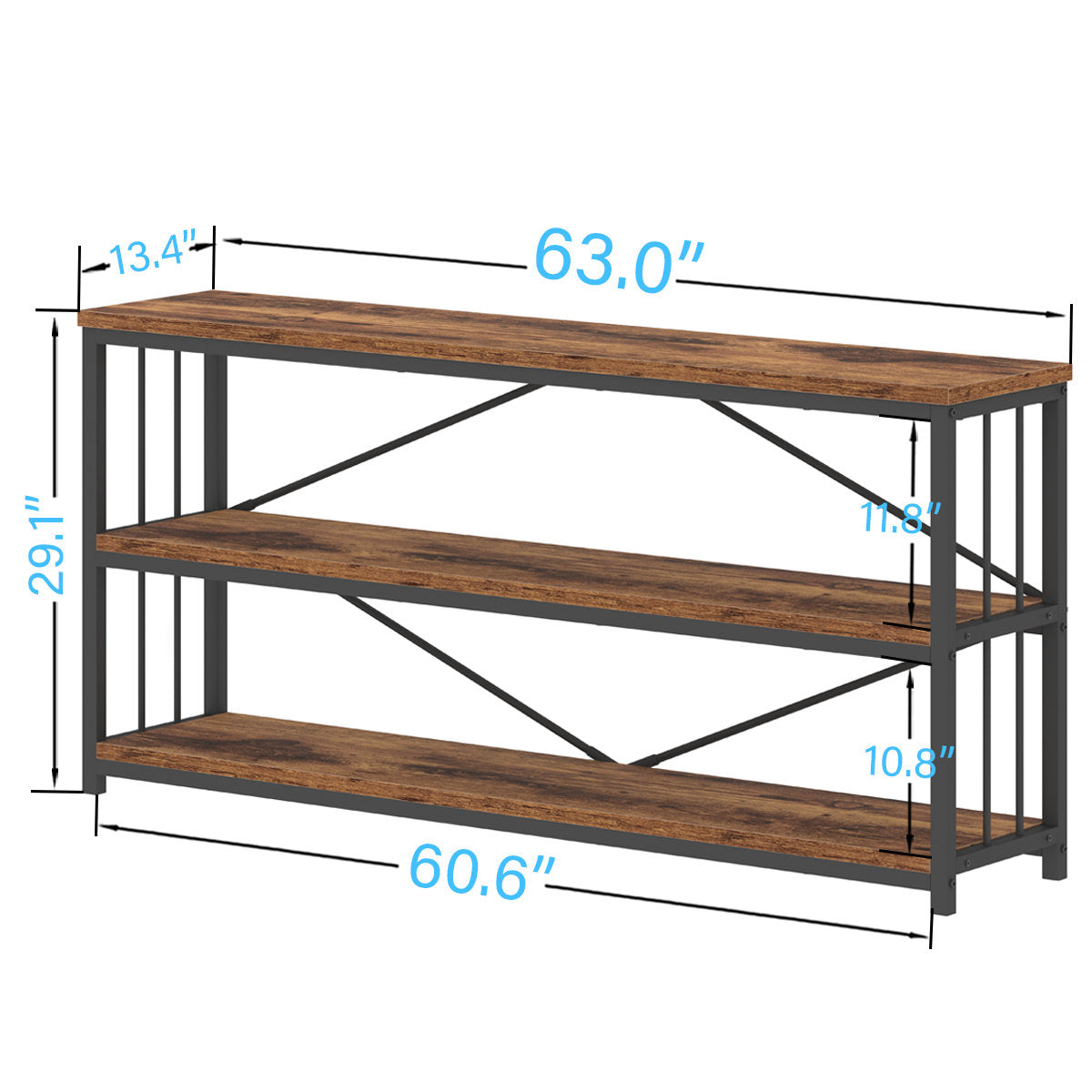 Bookcase, 3 Tier, Metal Frame, Manufactured Wood Shelves, Rustic Brown