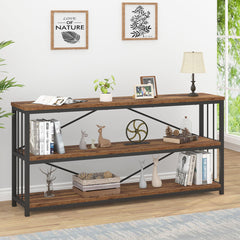 Bookcase, 3 Tier, Metal Frame, Manufactured Wood Shelves, Rustic Brown