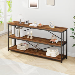 Bookcase, 3 Tier, Metal Frame, Manufactured Wood Shelves, Rustic Brown