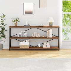 Bookcase, 3 Tier, Metal Frame, Manufactured Wood Shelves, Rustic Brown