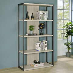 Bookcase, 4 Open Shelves, Whitewashed Gray/Dark Gray, Metal Frame