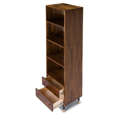 Bookcase, 4 Shelf Tiers and 2 Drawers, Brown and Black with Gold Metal Legs