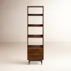 Bookcase, 4 Shelf Tiers and 2 Drawers, Brown and Black with Gold Metal Legs