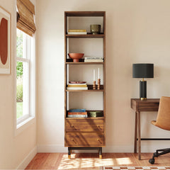 Bookcase, 4 Shelf Tiers and 2 Drawers, Brown and Black with Gold Metal Legs