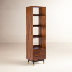 Bookcase, 4 Shelf Tiers and 2 Drawers, Brown and Black with Gold Metal Legs