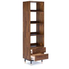 Bookcase, 4 Shelf Tiers and 2 Drawers, Brown and Black with Gold Metal Legs