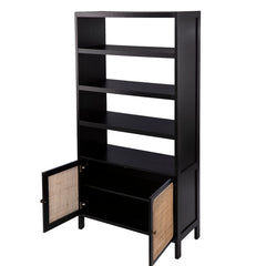 Bookcase, 4 Shelves, Black and Beige with Rattan Doors