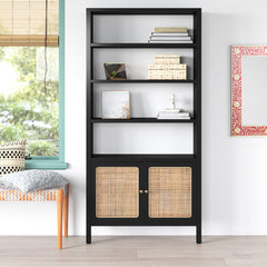 Bookcase, 4 Shelves, Black and Beige with Rattan Doors