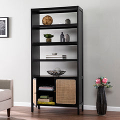 Bookcase, 4 Shelves, Black and Beige with Rattan Doors
