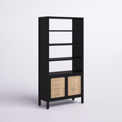 Bookcase, 4 Shelves, Black and Beige with Rattan Doors